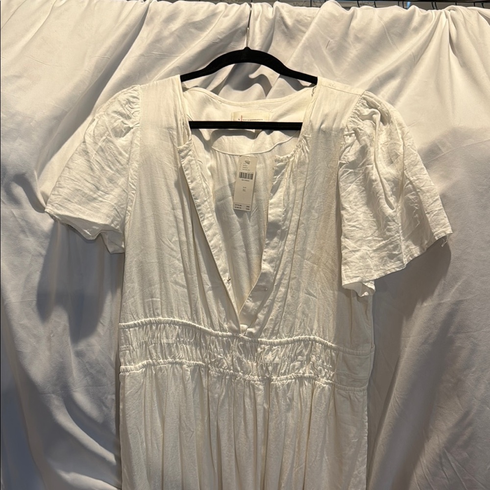 Anthropologie Ivory-White Maxi Dress with V-Neck